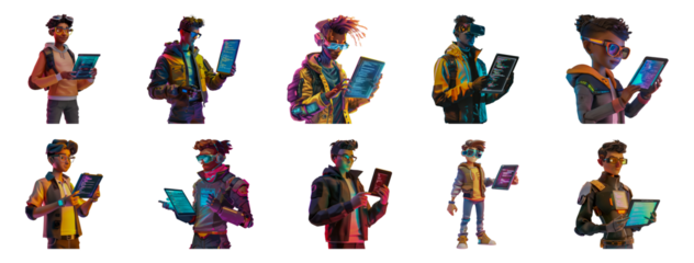 Digital artist with futuristic tablet and colorful neon attire cut out png on transparent background