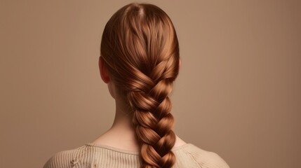 Rear view of a woman showcasing a neatly styled thick braid against a smooth beige background.