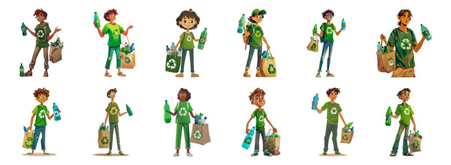 Animated characters promoting recycling with eco-friendly bags and bottles cut out png on transparent background