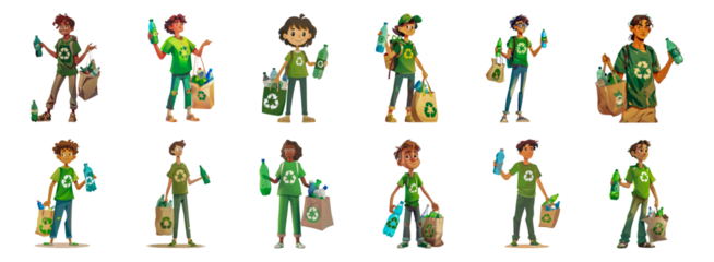 Animated characters promoting recycling with eco-friendly bags and bottles cut out png on transparent background