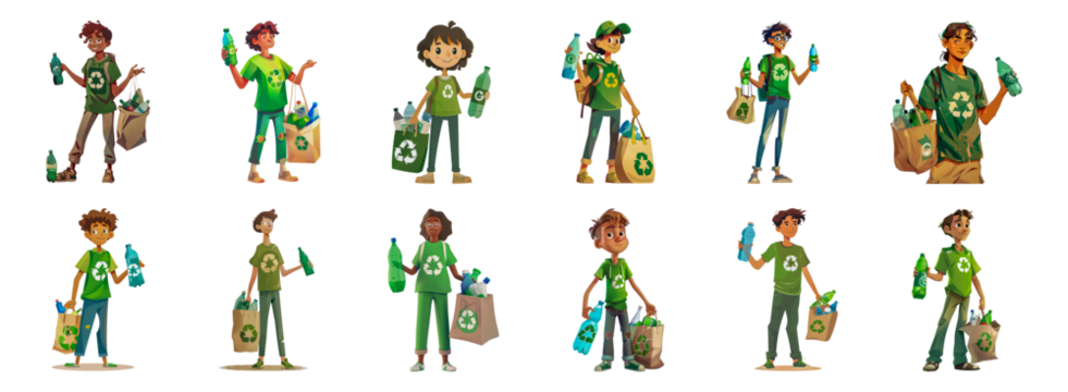 Animated characters promoting recycling with eco-friendly bags and bottles cut out png on transparent background