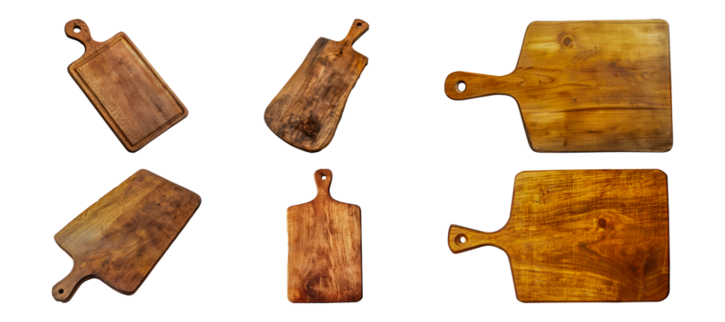 Collection of rustic wooden cutting boards cut out png on transparent background