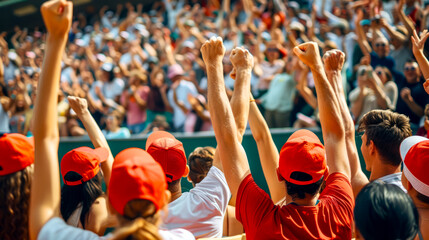 Group of people with their hands in the air at baseball game.