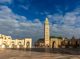 The Hassan II Mosque in Casablanca and blue sky with clouds