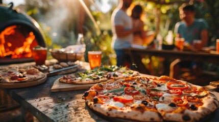 A vibrant outdoor pizza party with friends, pizzas baking in a wood-fired oven