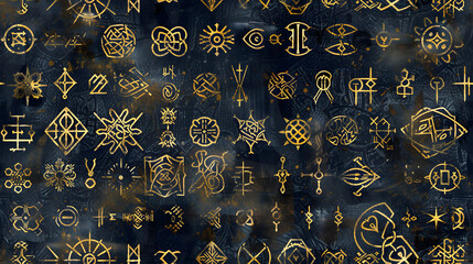 seamless pattern of celestial and occult symbols in gold on a navy blue background. The design is perfect for conveying themes of astrology, mystery, and ancient wisdom. - obrazy, fototapety, plakaty