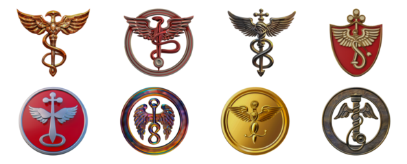 Collection of medical caduceus symbols in various artistic designs cut out png on transparent background