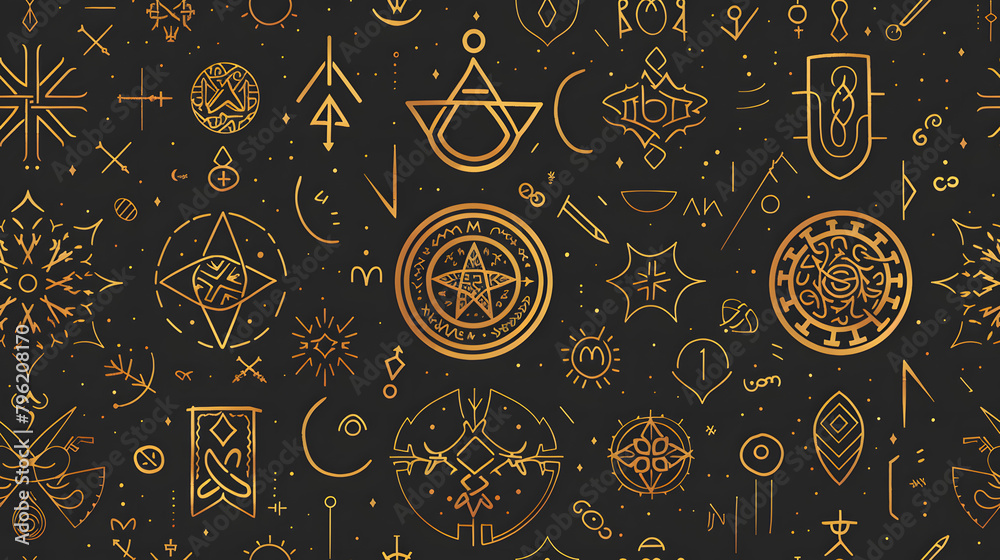 Wall mural this image showcases a seamless dark background adorned with sacred geometric and occult symbols in 