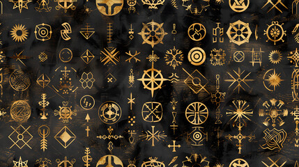 This striking image depicts a seamless pattern of golden occult symbols on a distressed black background. It's ideal for designs related to mysticism, secret societies, and historical symbolism - obrazy, fototapety, plakaty