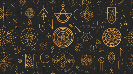 This image showcases a seamless dark background adorned with sacred geometric and occult symbols in golden hues, conveying themes of esoteric knowledge and ancient mysteries
