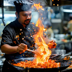 Man cooking food on top of wok with fire coming out of it.