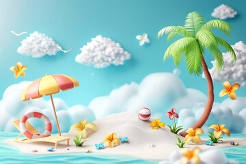Fototapeta na wymiar Summer vector illustration, pile of sand, coconut trees, beach umbrella, beach chair, beach ball on the background of clouds and sandy beach.