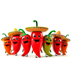 Group of chili peppers with mexican hat on top of their heads.