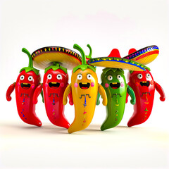 Group of three chili peppers with mexican hat on top of them.