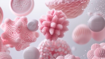 ethereal pink and coral 3d shapes with soft textures floating in a dreamy abstract composition