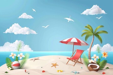 Fototapeta na wymiar Summer vector illustration, pile of sand, coconut trees, beach umbrella, beach chair, beach ball on the background of clouds and sandy beach.