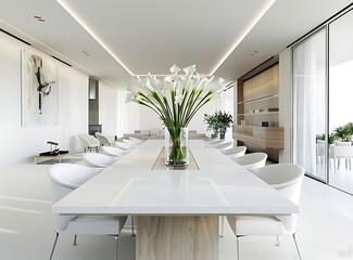 White modern dining room with a large table and chairs, a glass vase of calla lilies on the center of the long wooden rectangular dinner table, wall art on the left side above the sofa,