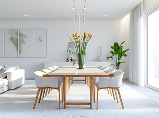 White modern dining room with a large table and chairs, a glass vase of calla