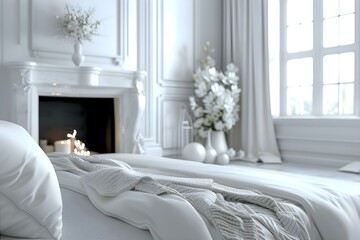 Fototapeta premium D visualization of a white and gray bedroom featuring a fireplace and stylish decor. Concept Interior Design, 3D Visualization, Bedroom Decor, Gray and White Theme, Stylish Fireplace