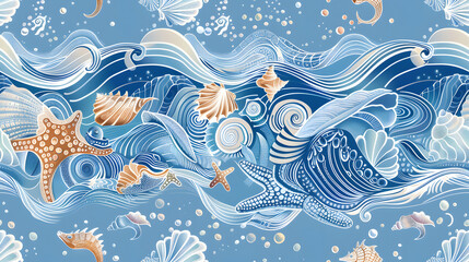 Fototapeta na wymiar Featuring frothy ocean waves and scattered seashells, this light blue seamless pattern creates a soothing, aquatic theme perfect for summer fabrics and coastal decor.
