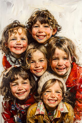 Painting of group of children with their faces covered in red paint.