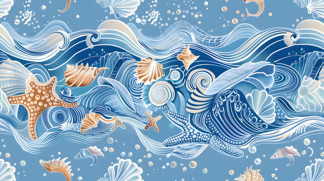 Featuring frothy ocean waves and scattered seashells, this light blue seamless pattern creates a soothing, aquatic theme perfect for summer fabrics and coastal decor.