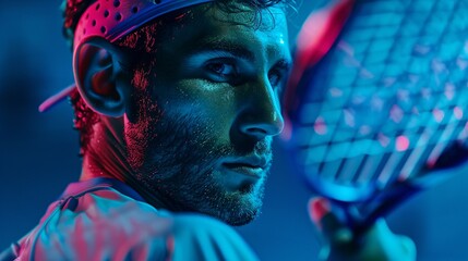 Capture a shot of a close-up padel tennis player using a racquet on a brightly colored court, perfect for a sports app or betting site design.