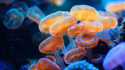 Vibrant orange sea anemones in a deep blue aquatic setting, teeming with marine life.	