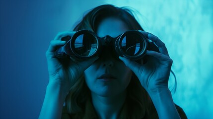 Woman looking through binoculars in a dark room illuminated by a mysterious blue light.