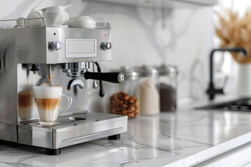 Coffee machine making coffee on white marble table in modern kitchen