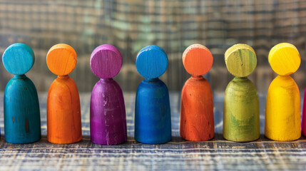 Colorful wooden pegs standing in a row showcasing diversity