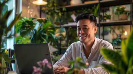 Happy Asian man using a laptop in a lush, plant-filled home office space.