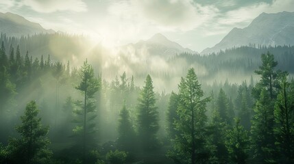 Soft rays of sunlight filter through the trees casting a dreamlike glow over the mystical landscape of defocused mountains and endless skies beckoning travelers to explore the enchanted .