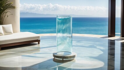 A photo of a glass cylinder filled with water sitting on a marble floor near an infinity pool with the ocean in the background.

