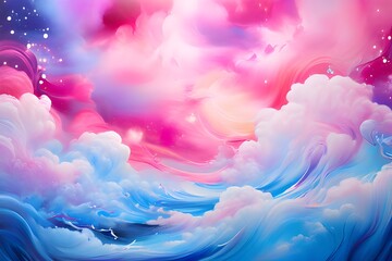 A mesmerizing abstract painting of swirling blue and pink clouds and stars in the sky.