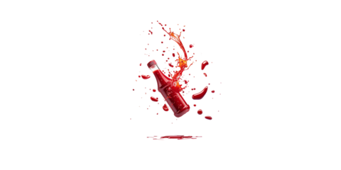 A ketchup bottle flying through the air with splashes of tomato sauce on a white background
