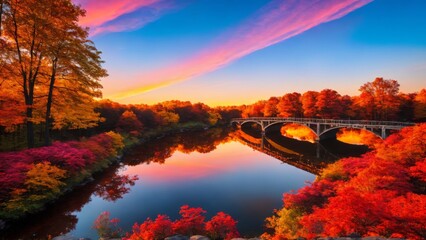 Fantastic Autumn Landscape. Amazing sunset With colorful sky in Azalea Rakotz Bridge, - obrazy, fototapety, plakaty