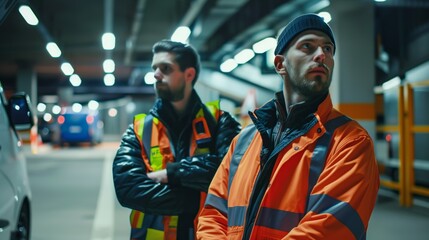 Two confident male workers in reflective jackets standing in a parking garage.