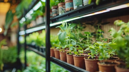 Cultivating indoor seedlings under full-spectrum LED lights, placed on shelves.