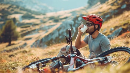 Male cyclist in red helmet relaxing and drinking from a mug by his mountain bike in scenic hills.
