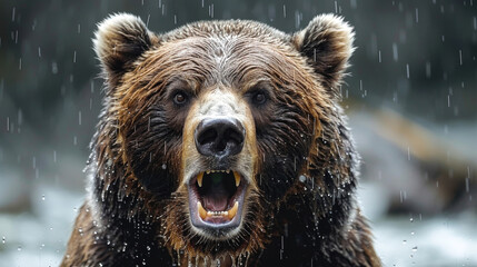 A large brown bear standing in the rain with its mouth wide open and teeth bared.