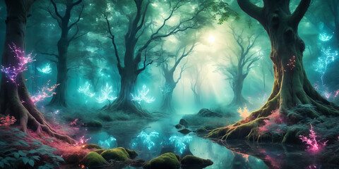 Generate an image of a mystical forest filled with vibrant, luminescent trees and ethereal spirits floating among them