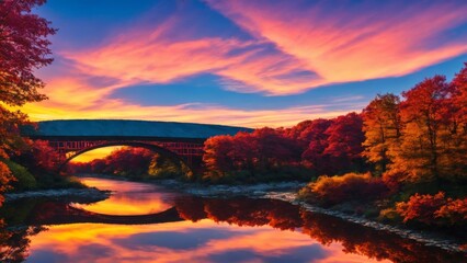 Fototapeta na wymiar Fantastic Autumn Landscape. Amazing sunset With colorful sky in Azalea Rakotz Bridge,