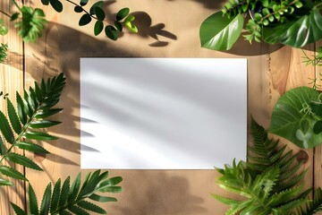 Overhead view of empty paper mockup on table with plants. Concept Flatlay Photography, Minimalistic Design, Creative Mockup Display, Greenery Decoration