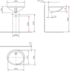 vector illustration design sketch drawing of monoblock hand washing sink with detailed size scale