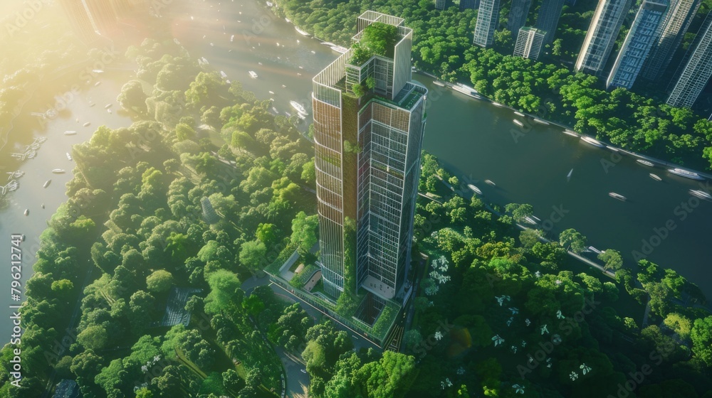 Aufkleber aerial view of a sleek riverside skyscraper, standing tall amidst lush greenery, blending nature and