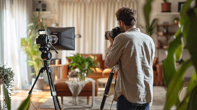 Experienced male photographer capturing indoor shots for home listings with interior decoration.