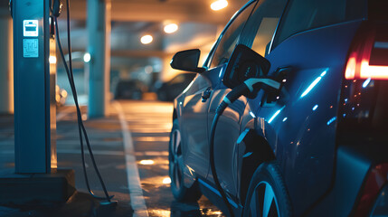 atmospheric image captures an electric vehicle being charged in a dimly lit city parking garage at night. The illuminated charging station and the reflective details on the car highlight the integrati