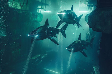 Underwater robotic sharks with laser beams guarding mafia treasure in a secret ocean cave - obrazy, fototapety, plakaty