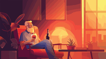 Senior man with bottle of drink late in evening at ho
